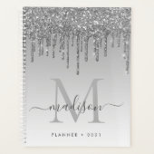 Glam Silver Grey Glitter Drips Girly Monogram 2021 Planner (Voorkant)