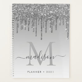 Glam Silver Grey Glitter Drips Girly Monogram 2021 Planner