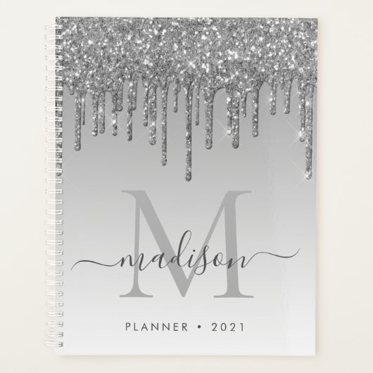 Glam Silver Grey Glitter Drips Girly Monogram 2021 Planner (Voorkant)