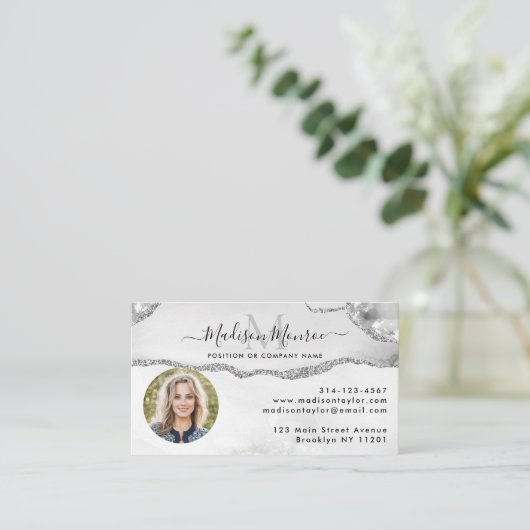 Glam Silver Grey Glitter Logo foto Agaat Monogram Visitekaartje (Staand voorkant)