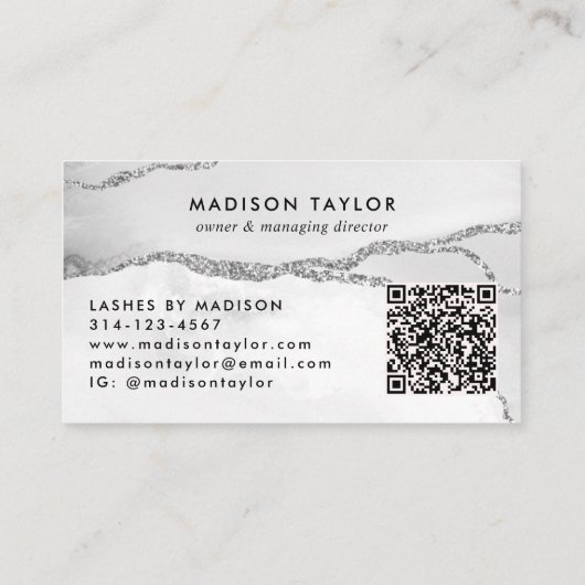 Glam Silver Grey Glitter Marble Agate Monogram QR Visitekaartje (Achterkant)