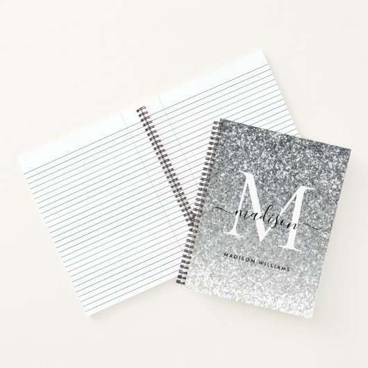 Glam Silver Grey Glitter Sparkle Elegant Monogram Notitieboek (Binnen)