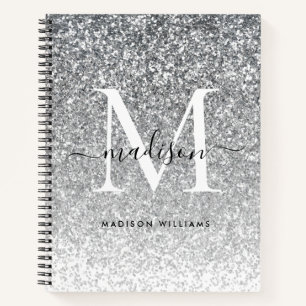 Glam Silver Grey Glitter Sparkle Elegant Monogram Notitieboek
