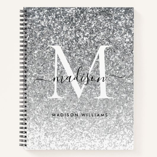 Glam Silver Grey Glitter Sparkle Elegant Monogram Notitieboek (Voorkant)