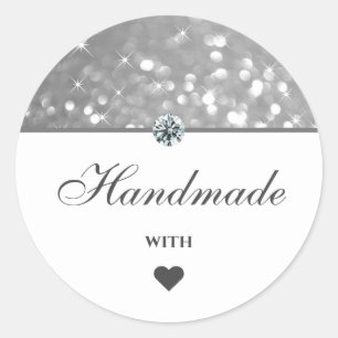 Glam Silver Grey Glitter Stars Handmade with Love Ronde Sticker