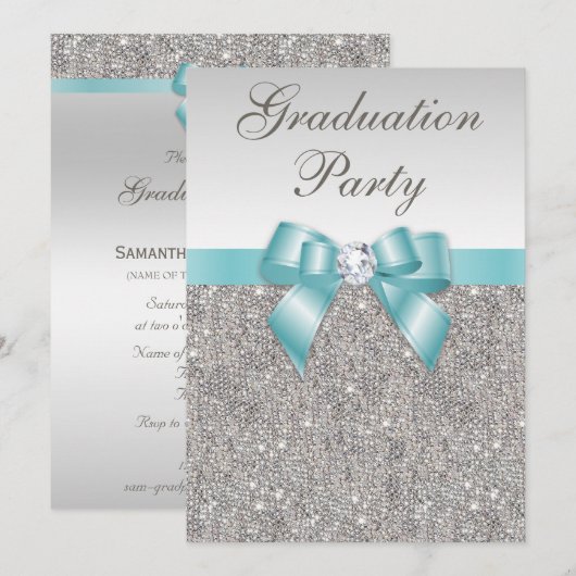 Glam Silver Jewels Blauwgroen Bow Girls Graduparty Kaart (Voorkant / Achterkant)