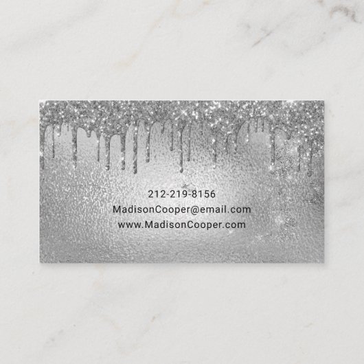 Glam Silver Metallic Glitter Drip Hair & Makeup Visitekaartje (Achterkant)