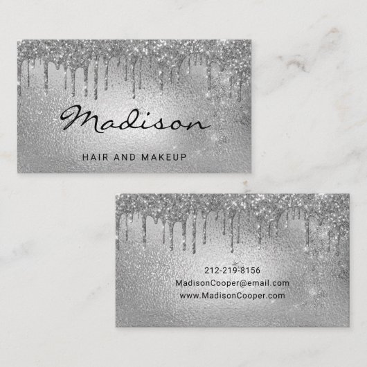 Glam Silver Metallic Glitter Drip Hair & Makeup Visitekaartje (Voorkant / Achterkant)