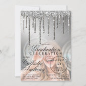 Glam Silver Metallic Glitter Drip Photo Afstuderen Kaart (Voorkant)