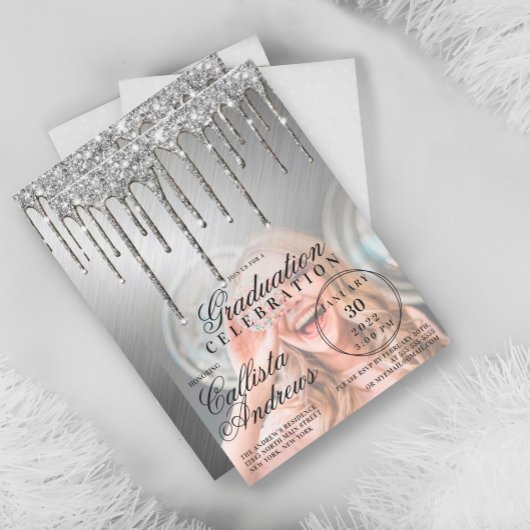 Glam Silver Metallic Glitter Drip Photo Afstuderen Kaart
