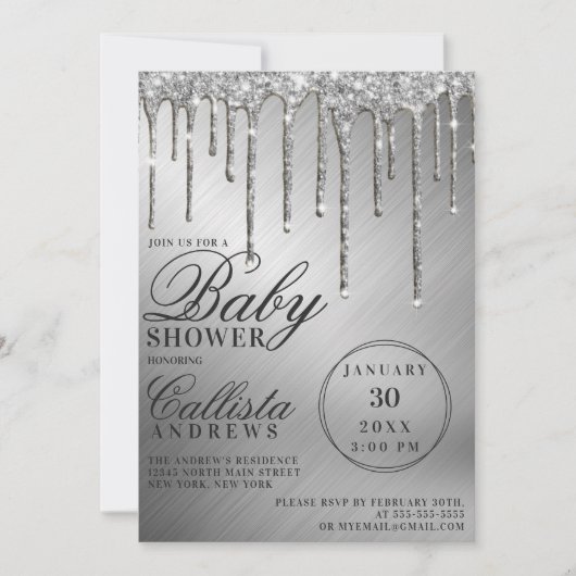 Glam Silver Metallic Glitter Drips Baby shower Kaart (Voorkant)