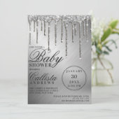 Glam Silver Metallic Glitter Drips Baby shower Kaart (Staand voorkant)
