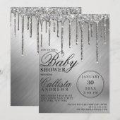 Glam Silver Metallic Glitter Drips Baby shower Kaart (Voorkant / Achterkant)