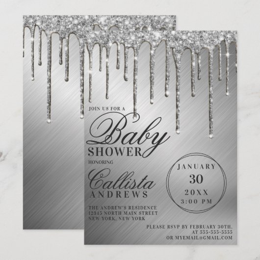 Glam Silver Metallic Glitter Drips Baby shower Kaart (Voorkant / Achterkant)