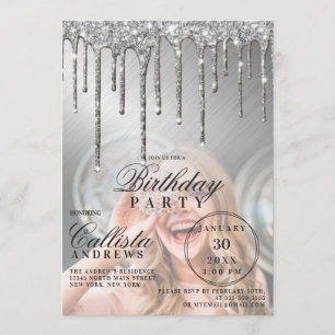 Glam Silver Metallic Glitter Drips Foto Verjaardag Kaart