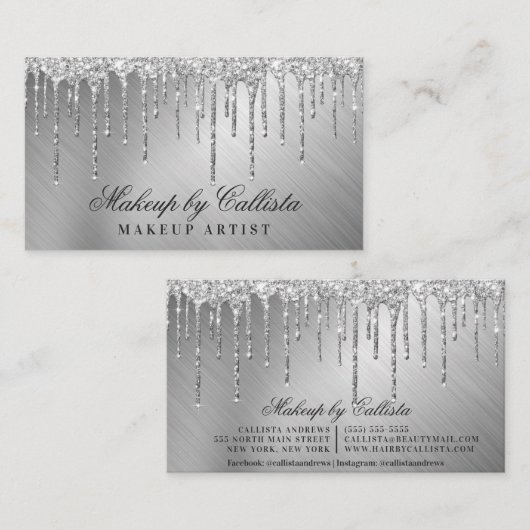 Glam Silver Metallic Glitter Drips Make-up Visitekaartje (Voorkant / Achterkant)