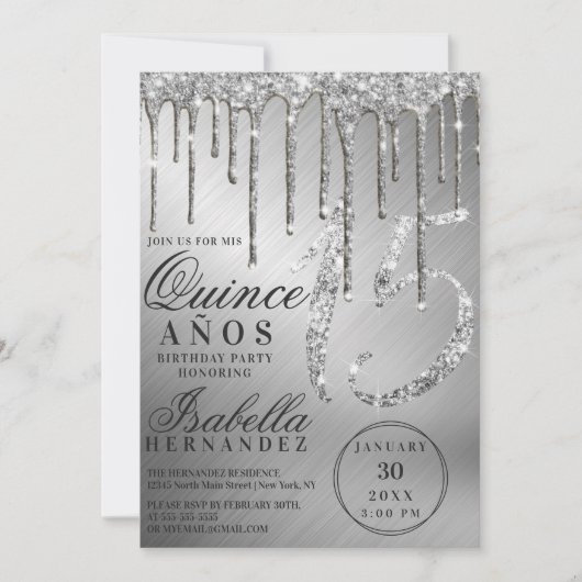 Glam Silver Metallic Glitter Drips Quinceañera Kaart (Voorkant)