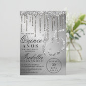 Glam Silver Metallic Glitter Drips Quinceañera Kaart (Staand voorkant)
