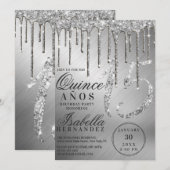 Glam Silver Metallic Glitter Drips Quinceañera Kaart (Voorkant / Achterkant)