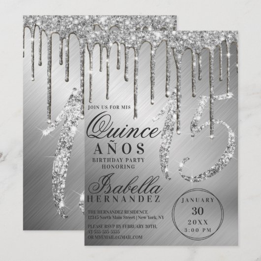 Glam Silver Metallic Glitter Drips Quinceañera Kaart (Voorkant / Achterkant)