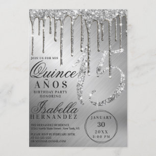Glam Silver Metallic Glitter Drips Quinceañera Kaart