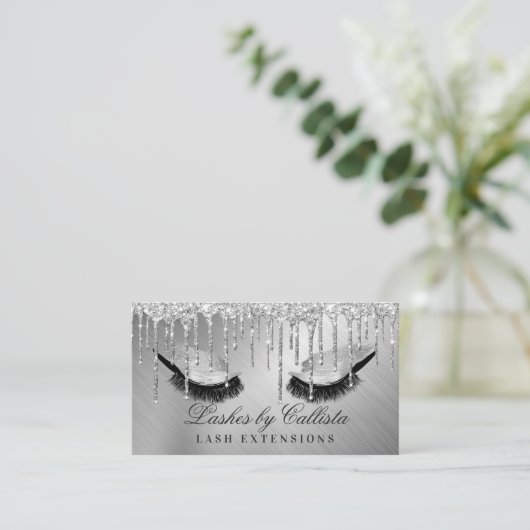 Glam Silver Metallic Glitter Druppelt Wimpers Ogen Visitekaartje (Staand voorkant)
