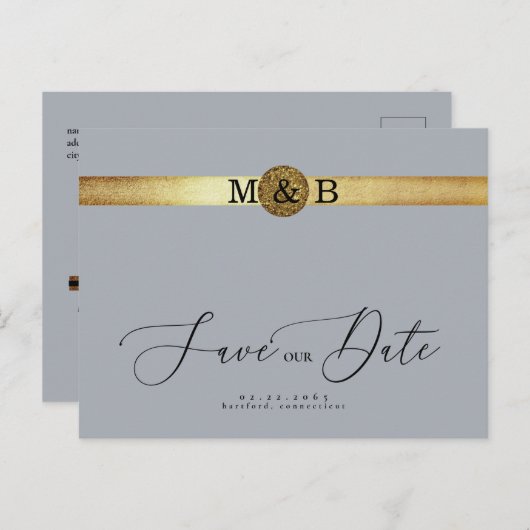Glam Silver & Metallic Gold Monogram Save the Date Briefkaart (Voorkant / Achterkant)