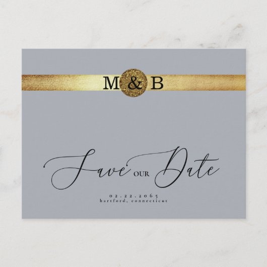 Glam Silver & Metallic Gold Monogram Save the Date Briefkaart (Voorkant)