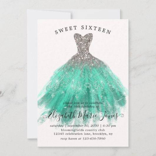 Glam Silver Mint Sparkle Dress Sweet 16th Birthday Kaart (Voorkant)