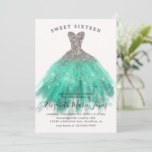 Glam Silver Mint Sparkle Dress Sweet 16th Birthday Kaart (Staand voorkant)