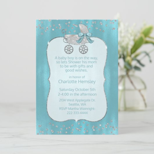 Glam Silver Pram Baby shower Invitation Kaart (Staand voorkant)