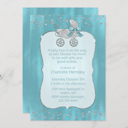 Glam Silver Pram Baby shower Invitation Kaart (Voorkant / Achterkant)