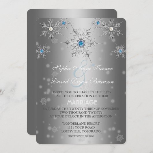 Glam Silver Snowflakes Crystal Blue Pearl Wedding Kaart (Voorkant / Achterkant)