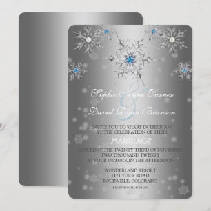 Glam Silver Snowflakes Crystal Blue Pearl Wedding Kaart