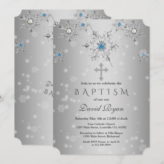 Glam Silver Snowflakes Crystal Blue Pearls Baptism Kaart (Voorkant / Achterkant)