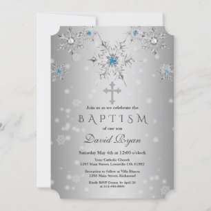 Glam Silver Snowflakes Crystal Blue Pearls Baptism Kaart