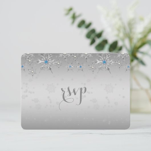 Glam Silver Snowflakes Crystal Pearl Wedding RSVP (Staand voorkant)