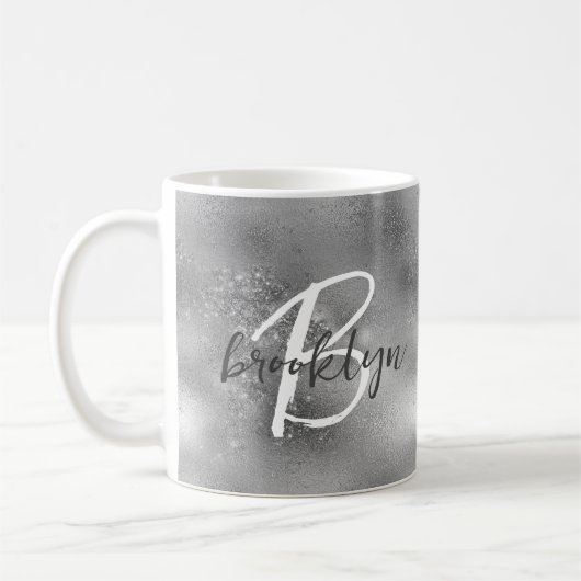 Glam Silver Trendy Script Monogram Koffiemok (Links)