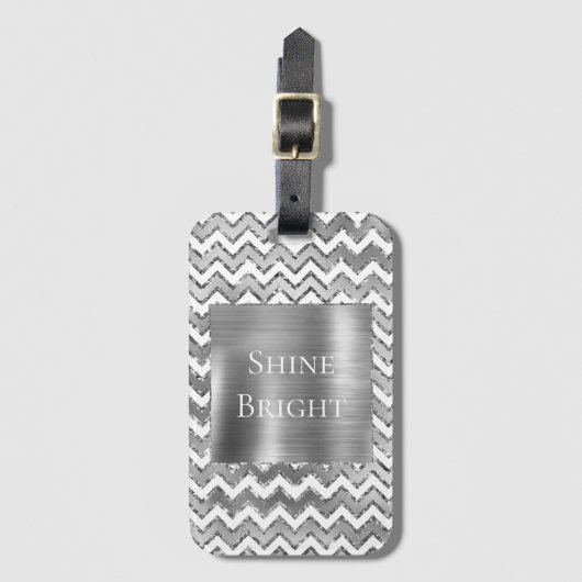 Glam Silver White Zigzag Stripes Bagagelabel (Voorkant (verticaal))