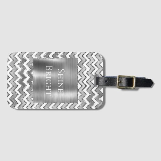 Glam Silver White Zigzag Stripes Bagagelabel (Voorkant (horizontaal))