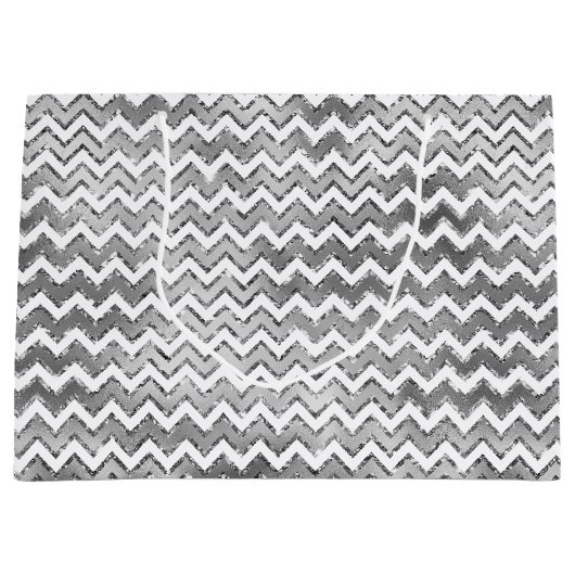 Glam Silver White Zigzag Stripes Groot Cadeauzakje (Voorkant)