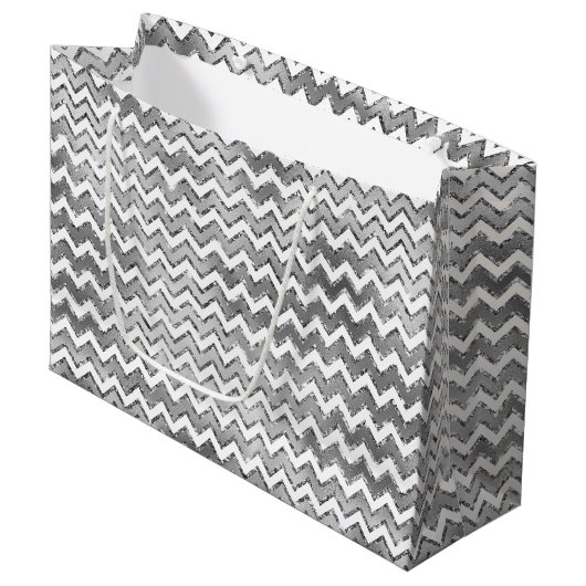 Glam Silver White Zigzag Stripes Groot Cadeauzakje (Voorkant Gekanteld)