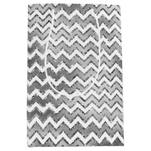 Glam Silver White Zigzag Stripes Medium Cadeauzakje (Voorkant)