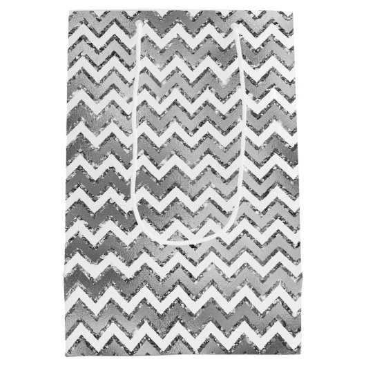 Glam Silver White Zigzag Stripes Medium Cadeauzakje (Achterkant)