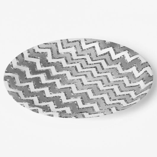 Glam Silver White Zigzag Stripes Papieren Bordje (Gekanteld)