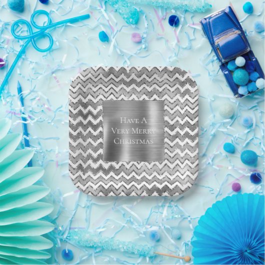 Glam Silver White Zigzag Stripes Papieren Bordje (Feest)