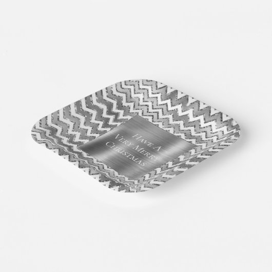 Glam Silver White Zigzag Stripes Papieren Bordje (Gebogen)