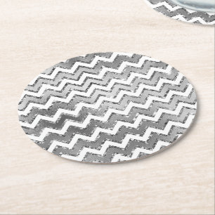 Glam Silver White Zigzag Stripes Ronde Kartonnen Onderzetter