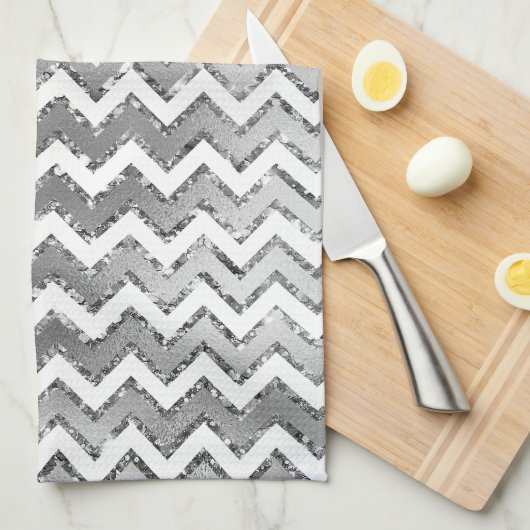 Glam Silver White Zigzag Stripes Theedoek (Quarter Fold)