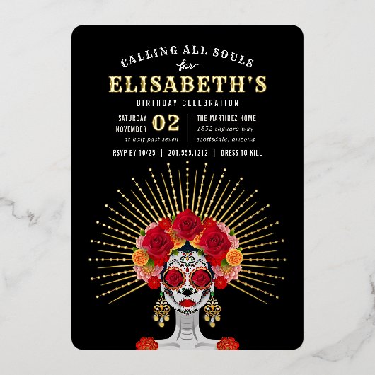Glam Skeleton Day of the Dead Theme Birthday Party Folie Uitnodiging (Voorkant)